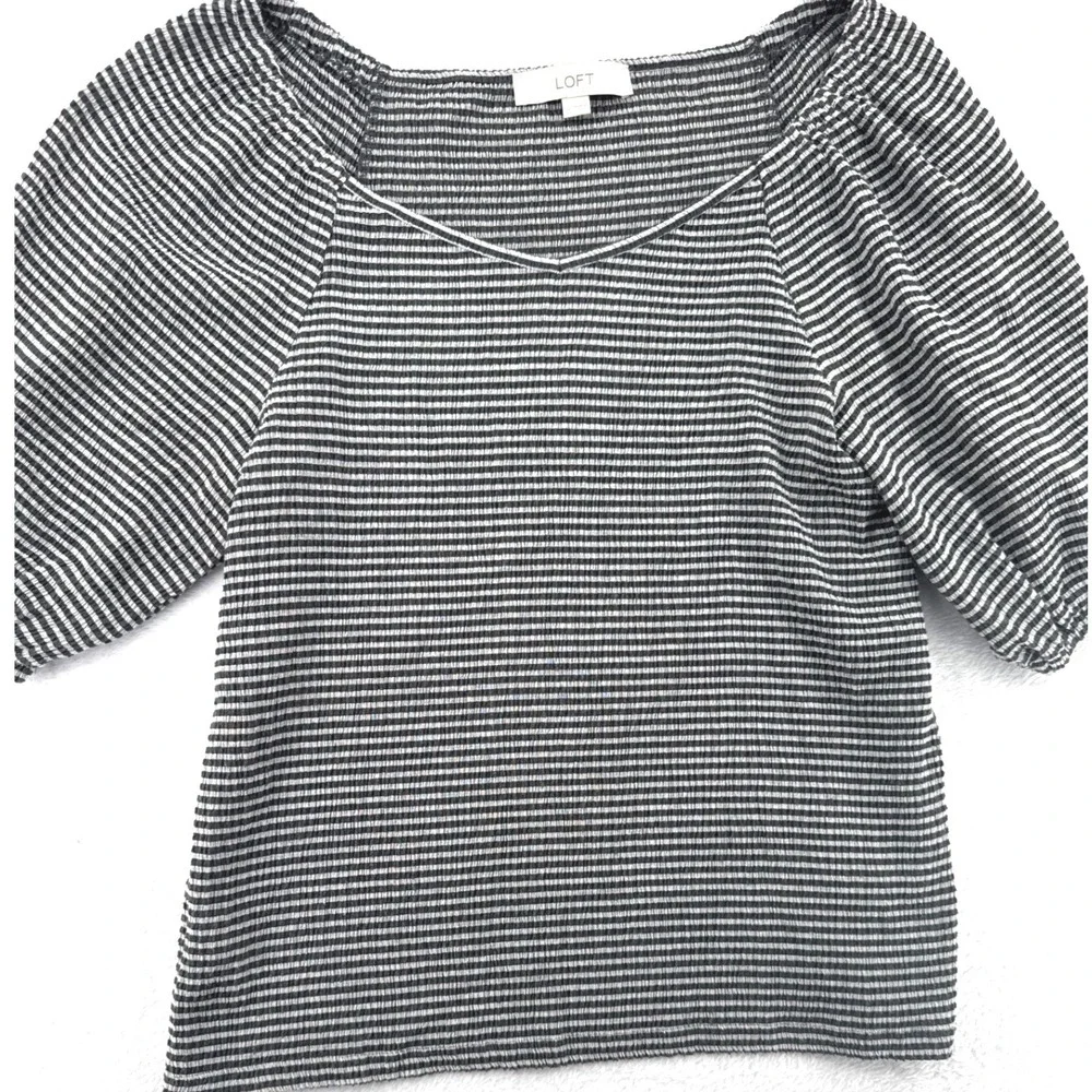 LOFT Womens Puff Sleeve Top Medium Black White Striped Ribbed Knit